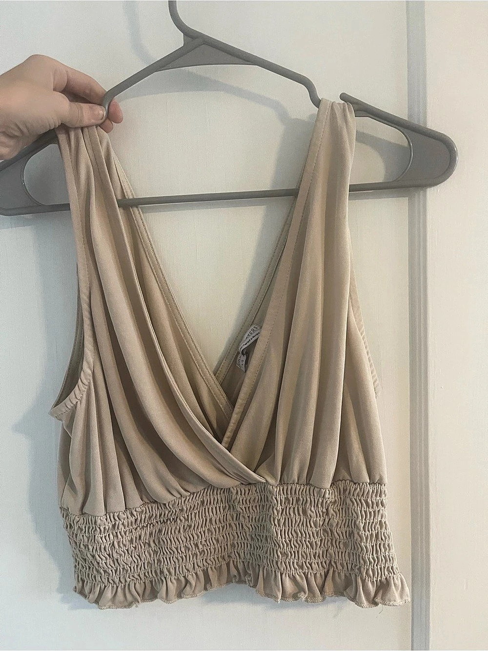 Urban Outfitters UO Textured Surplice Smocked Cropped Top Beige Large